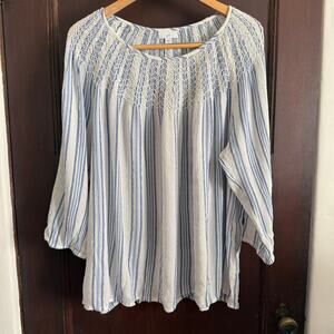 J.JILL Blue and White Stripe Gold Striped Boho Crinkle Gauze Blouse Extra Large